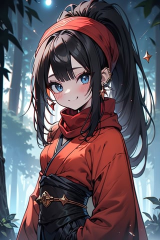 black hair, blue eyes, orange Kimono
 outfit with black edges, a red scarf with gold stripes, the edges have small golden touches, friendly face, a black spandex that covers her entire body, headscarf, killer, happy smile , bangs, in the forest at night, masterpiece, star earrings, detailed, high quality, absurd, the strongest human of all, bringer of the world's hope, hair in ponytail,black lycra.