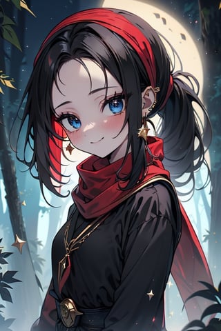 black hair, blue eyes, hiyab
 outfit with black edges, a red scarf with gold stripes, the edges have small golden touches, friendly face, a black spandex that covers her entire body, headscarf, killer, happy smile , bangs, in the forest at night, masterpiece, star earrings, detailed, high quality, absurd, the strongest human of all, bringer of the world's hope, hair in ponytail.