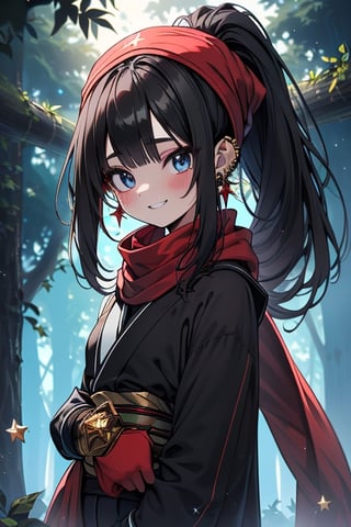 black hair, blue eyes, Kimono
 outfit with black edges, a red scarf with gold stripes, the edges have small golden touches, friendly face, a black spandex that covers her entire body, headscarf, killer, happy smile , bangs, in the forest at night, masterpiece, star earrings, detailed, high quality, absurd, the strongest human of all, bringer of the world's hope, hair in ponytail,black lycra.