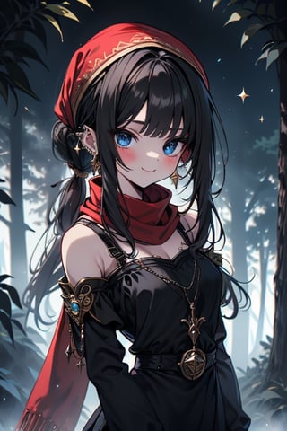 black hair, blue eyes,victorian princess dress outfit with black edges, a red scarf with gold stripes, the edges have small golden touches, friendly face, a black spandex that covers her entire body, headscarf, killer, happy smile , bangs, in the forest at night, masterpiece, star earrings, detailed, high quality, absurd, the strongest human of all, bringer of the world's hope, hair in ponytail.