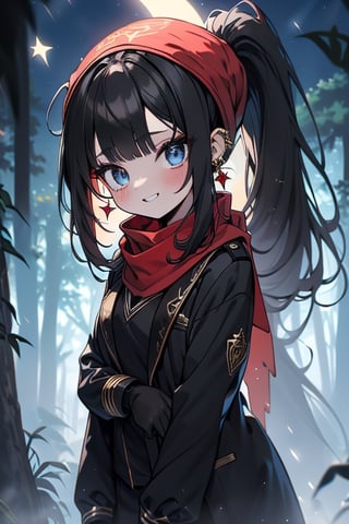 black hair, blue eyes,black guard suit
 outfit with black edges, a red scarf with gold stripes, the edges have small golden touches, friendly face, a black spandex that covers her entire body, headscarf, killer, happy smile , bangs, in the forest at night, masterpiece, star earrings, detailed, high quality, absurd, the strongest human of all, bringer of the world's hope, hair in ponytail.