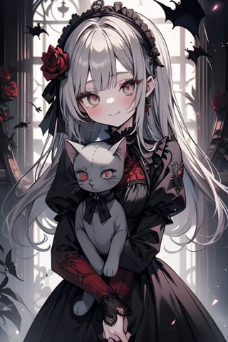 a puppet, a woman with a small body, teenager, gray hair, smiling, black rose patch on her left eye, very elegant black dress from the Victorian era, silver eyes, perfect face, happy, yandere, psychopath, corrodia, hive mind semi-central, small breasts, masterpiece, very good quality, excellent quality, loli, small body,loli,young man, holding a stuffed cat in his arms, red threads on her fingers,gothic.