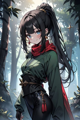 black hair, blue eyes, green Kimono
 outfit with black edges, a red scarf with gold stripes, the edges have small golden touches, friendly face, a black spandex that covers her entire body, headscarf, killer, happy smile , bangs, in the forest at night, masterpiece, star earrings, detailed, high quality, absurd, the strongest human of all, bringer of the world's hope, hair in ponytail,black lycra.