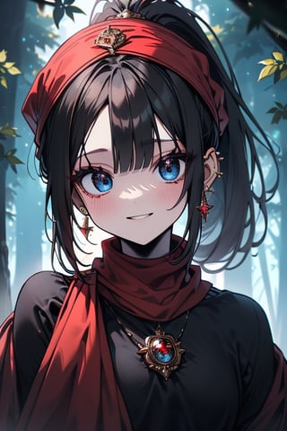 black hair, blue eyes,victorian princess dress outfit with black edges, a red scarf with gold stripes, the edges have small golden touches, friendly face, a black spandex that covers her entire body, headscarf, killer, happy smile , bangs, in the forest at night, masterpiece, star earrings, detailed, high quality, absurd, the strongest human of all, bringer of the world's hope, hair in ponytail.