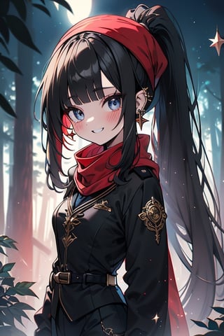 black hair, blue eyes,black guard suit
 outfit with black edges, a red scarf with gold stripes, the edges have small golden touches, friendly face, a black spandex that covers her entire body, headscarf, killer, happy smile , bangs, in the forest at night, masterpiece, star earrings, detailed, high quality, absurd, the strongest human of all, bringer of the world's hope, hair in ponytail.