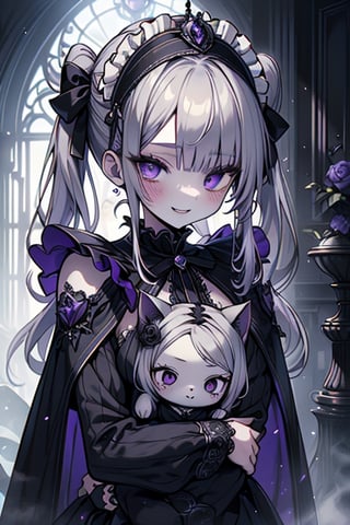 a puppet, a woman with a small body, teenager, gray hair, smiling, black rose patch on her left eye, very elegant black dress from the Victorian era, silver eyes, perfect face, happy, yandere, psychopath, corrodia, hive mind semi-central, small breasts, masterpiece, very good quality, excellent quality, loli, small body,loli,young man, 
cat in her arms, gothic,sculptor of souls,two long pigtails in her hair,maid headband,purple cape
