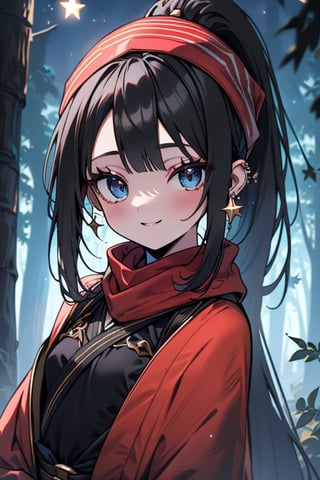 black hair, blue eyes, yellow Kimono
 outfit with black edges, a red scarf with gold stripes, the edges have small golden touches, friendly face, a black spandex that covers her entire body, headscarf, killer, happy smile , bangs, in the forest at night, masterpiece, star earrings, detailed, high quality, absurd, the strongest human of all, bringer of the world's hope, hair in ponytail,black lycra.