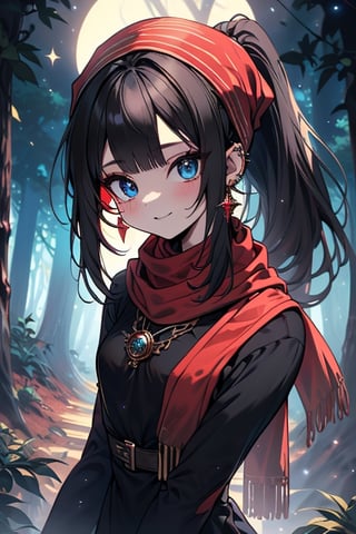 black hair, blue eyes,victorian princess dress outfit with black edges, a red scarf with gold stripes, the edges have small golden touches, friendly face, a black spandex that covers her entire body, headscarf, killer, happy smile , bangs, in the forest at night, masterpiece, star earrings, detailed, high quality, absurd, the strongest human of all, bringer of the world's hope, hair in ponytail.