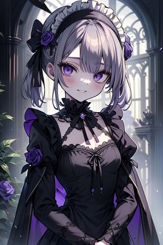 a puppet, a woman with a small body, teenager, gray hair, smiling, black rose patch on her left eye, very elegant black dress from the Victorian era, purple eyes, perfect face, happy, yandere, psychopath, corrodia, hive mind semi-central, small breasts, masterpiece, very good quality, excellent quality, loli, small body,loli,young man, 
 gothic,sculptor of souls,two long pigtails in her hair,maid headband,purple cape
