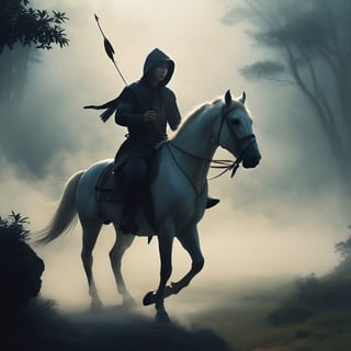 Dark killer. hood. in the evening. Its white horse. Holding bow and arrow in hand. Moving fog. Realistic depiction of dim light and shadow, Fresnel lighting, produced by daz3d, ,, ,chinese ink drawing