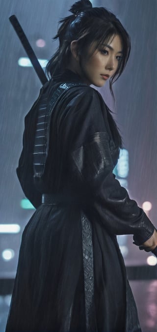 Create a last ninja woman in age of technology, Last battle, holding katana, background of futuristic tokyo, dark rainy day, highly detailed.,Movie Still,oni style,DonMPl4sm4T3chXL ,DonMCyb3rN3cr0XL ,DonMWr41thXL ,Film Still