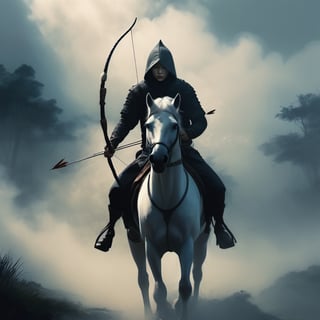 Dark killer. hood. in the evening. Its white horse. Holding bow and arrow in hand. Moving fog. Realistic depiction of dim light and shadow, Fresnel lighting, produced by daz3d, ,, ,chinese ink drawing