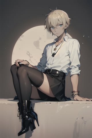 masterpiece,  best quality,  high quality,  1boy,  solo,  male focus,  looking at viewer,  full body, Amuro Toru, blond_hair, warp dress, black_skirt, black_stockings, black high heel boots, feminine makeup,  delicate pendant necklace,  pendant earring,  bangle bracelet, polished nail, sapphire eyes, 