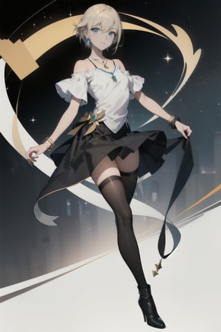 masterpiece,  best quality,  high quality,  1boy,  solo,  male focus,  looking at viewer,  full body, Amuro Toru, blond_hair, warp dress, black_skirt, straight skirt, black_stockings, black high heel boots, feminine makeup,  delicate pendant necklace,  pendant earring,  bangle bracelet, polished nail, sapphire eyes, 