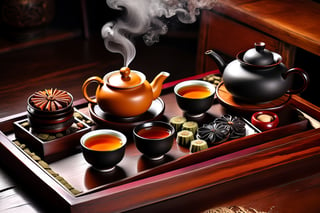 Imagine a traditional chinese tea ceremony with a yellow yixing teapot, small cups, cha hai art like (Jean Baptiste Monge) (shimmering steaming tea ceremony, wooden trays, old rustic dark wooden table:1.4), its smooth surface placed on a crafted wooden tray with osmanthus leaves, dried fruits and nuts, cute snail teapet,(autumn feel, chinese tea ceremony, clay yixing teapot, chinese porcelain cups of steaming hot pu-erh tea:1.4), ((artfully arranged with a colorful range of traditional chinese sweets)), ((Chinese moon cake and Pu-erh cakes in the Background:1.3)), (photo HDR 8K) ,painting magic,  (splendid environment of tensor art),  perfect contrast,  (correct sharp photorealistic environment),  (highly detailed background),  detailed,  (masterpiece,  best quality:1.3) chuppy_fat:2,  looking viewer,  (Ultrasharp,  8k,  detailed,  ink art,  stunning,  vray tracing,  style raw,  unreal engine),  High detailed , Color magic,  Saturated colors,