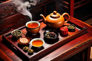 Imagine a traditional chinese tea ceremony with a yellow yixing teapot, small cups, cha hai art like (Jean Baptiste Monge) (shimmering steaming tea ceremony, wooden trays, old rustic dark wooden table:1.4), its smooth surface placed on a crafted wooden tray with osmanthus leaves, dried fruits and nuts, cute snail teapet,(autumn feel, chinese tea ceremony, clay yixing teapot, chinese porcelain cups of steaming hot pu-erh tea:1.4), ((artfully arranged with a colorful range of traditional chinese sweets)), ((Chinese moon cake and Pu-erh cakes in the Background:1.3)), (photo HDR 8K) ,painting magic,  (splendid environment of tensor art),  perfect contrast,  (correct sharp photorealistic environment),  (highly detailed background),  detailed,  (masterpiece,  best quality:1.3) chuppy_fat:2,  looking viewer,  (Ultrasharp,  8k,  detailed,  ink art,  stunning,  vray tracing,  style raw,  unreal engine),  High detailed , Color magic,  Saturated colors,