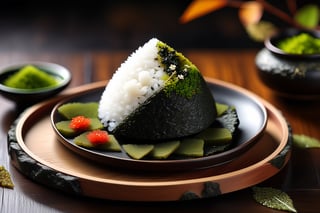 Imagine a chibi kawaii cute onigiri art like (Jean Baptiste Monge) (shimmering rice onigiri with triangular shape and nori seaweed sheet:1.4), its smooth surface, its huge cute eyes perked up in curiosity at it is placed on a crafted wooden tray with sakura leaves and a steaming hot japanese cup of green tea (autumn feel, japanese tea ceremony, cup of steaming hot Sencha green tea:1.4), ((artfully arranged with a colorful range of Wagashi and Wasanbon traditional japanese tea sweets)), (photo HDR 8K) ,painting magic,  (splendid environment of tensor art),  perfect contrast,  (correct sharp photorealistic environment),  (highly detailed background),  detailed,  (masterpiece,  best quality:1.3) chuppy_fat:2,  looking viewer,  (Ultrasharp,  8k,  detailed,  ink art,  stunning,  vray tracing,  style raw,  unreal engine),  High detailed , Color magic,  Saturated colors,