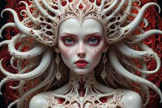 detailed realistic beautiful porcelain skull goddess portrait (blood soaked hair) by jean delville, gustave dore, iris van herpen and marco mazzoni, art forms of nature by ernst haeckel, art nouveau, symbolist, Kinetic Art, visionary, gothic, ((vampire)), neo - gothic, pre - raphaelite, fractal lace, intricate alien botanicals, ai biodiversity, surreality, hyperdetailed ultrasharp octane render, (Audrey Kawasaki, Anna Dittmann), known for their captivating and atmospheric pieces. The overall effect of the image is ethereal, as if the woman is enveloped in glowing stardust, created expertly by artist W. Zelmer. The image is of exceptional quality, showcasing the fine details and masterful blending of colors, ((dripping blood, bones, crackling skin, Skulls)), 