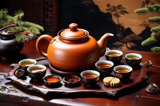 Imagine a traditional chinese tea ceremony with a yellow yixing teapot, small cups, cha hai art like (Jean Baptiste Monge) (shimmering steaming tea ceremony, wooden trays, old rustic dark wooden table:1.4), its smooth surface placed on a stone table covered in snow with pine cones, mistletoe, Fir branches, Pine branchescute snail teapet, (winter feel, teapets, chinese tea ceremony, clay yixing teapot, chinese clay cups of steaming hot pu-erh tea:1.4), ((artfully arranged with a colorful range of traditional chinese sweets)), ((Chinese moon cake and Pu-erh cakes in the Background:1.4)), (photo HDR 8K) ,painting magic,  (splendid environment of tensor art),  perfect contrast,  (correct sharp photorealistic environment),  (highly detailed background),  detailed,  (masterpiece,  best quality:1.3) chuppy_fat:2,  looking viewer,  (Ultrasharp,  8k,  detailed,  ink art,  stunning,  vray tracing,  style raw,  unreal engine),  High detailed , Color magic,  Saturated colors,