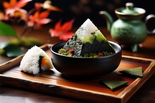 Imagine a chibi kawaii cute onigiri art like (Jean Baptiste Monge) (shimmering rice onigiri with triangular shape and nori seaweed sheet:1.4), its smooth surface, its huge cute eyes perked up in curiosity at it is placed on a crafted wooden tray with sakura leaves and a steaming hot japanese cup of green tea (autumn feel, japanese tea ceremony, cup of steaming hot Sencha green tea:1.4), ((artfully arranged with a colorful range of Wagashi and Wasanbon traditional japanese tea sweets)), (photo HDR 8K) ,painting magic,  (splendid environment of tensor art),  perfect contrast,  (correct sharp photorealistic environment),  (highly detailed background),  detailed,  (masterpiece,  best quality:1.3) chuppy_fat:2,  looking viewer,  (Ultrasharp,  8k,  detailed,  ink art,  stunning,  vray tracing,  style raw,  unreal engine),  High detailed , Color magic,  Saturated colors,