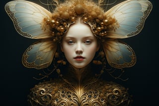 photo RAW, Portrait of ghostly woman with Blackberry Looper Moth features, shiny aura (open impressive eyes), highly detailed, golden filigree, intricate motifs, organic tracery, Kiernan Shipka, Januz Miralles, Audrey Kawasaki, glowing stardust by W. Zelmer, perfect composition, smooth, sharp focus, sparkling particles, decaying wood background Realistic, realism, hd, 35mm photograph, 8k), masterpiece, award winning photography, natural light, perfect composition, high detail, hyper realistic, ((tsutomu nihei, Bastien Lecouffe Deharme, iris van herpen and wangechi Mutu)), art forms of nature by ernst haeckel, art nouveau, symbolist, Kinetic Art, visionary, gothic, (((human insect:1.4))), neo - gothic, pre - raphaelite, fractal lace, intricate mythical botanical, ai biodiversity, surrealism, hyper detailed ultra sharp octane render, (Audrey Kawasaki, Anna Dittmann:1.4), known for their captivating and atmospheric pieces. The image is of exceptional quality, showcasing the fine details and masterful blending of colors, red lips, a wry smile on her face, she is terrifying,FilmGirl, full_body, nsfw,Gric,more detail XL