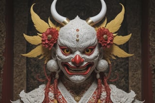 symmetrical portrait of surreal abandoned sculpture of white japanese female Tengu (with a splashing coloration of Alberto Seveso and Basil Gogos), covered with chinese red yellow paper talisman, dream - like heavy mysterious atmosphere,in an abandoned shrine, baroque landscape,perfect composition,beautiful detailed intricate insanely detailed octane,unreal engine 5,8k artistic photography,photo realistic,soft natural volumetric cinematic perfect light,chiaroscuro,award - winning photography, ((tsutomu nihei, Bastien Lecouffe Deharme,  iris van herpen and wangechi Mutu)), art forms of nature by ernst haeckel,  art nouveau,  symbolist,  Kinetic Art,  visionary,  gothic,  (((ancient japanese mythical being, Tengu with horns and shapr demon teeth:1.4))),  neo - gothic,  pre - raphaelite,  fractal lace, intricate mythical botanical,  ai biodiversity,  surrealism,  hyper detailed ultra sharp octane render,  (Audrey Kawasaki,  Anna Dittmann:1.4),  known for their captivating and atmospheric pieces. The overall effect of the image is ethereal,  as if the woman is enveloped in glowing stardust,  created expertly by artist W. Zelmer. The image is of exceptional quality,  showcasing the fine details and masterful blending of colors, folklore, 