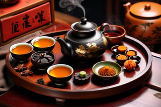 Imagine a traditional chinese tea ceremony with a yellow yixing teapot, small cups, cha hai art like (Jean Baptiste Monge) (shimmering steaming tea ceremony, wooden trays, old rustic dark wooden table:1.4), its smooth surface placed on a crafted wooden tray with osmanthus leaves, dried fruits and nuts, cute snail teapet,(autumn feel, chinese tea ceremony, clay yixing teapot, chinese porcelain cups of steaming hot pu-erh tea:1.4), ((artfully arranged with a colorful range of traditional chinese sweets)), ((Chinese moon cake and Pu-erh cakes in the Background:1.3)), (photo HDR 8K) ,painting magic,  (splendid environment of tensor art),  perfect contrast,  (correct sharp photorealistic environment),  (highly detailed background),  detailed,  (masterpiece,  best quality:1.3) chuppy_fat:2,  looking viewer,  (Ultrasharp,  8k,  detailed,  ink art,  stunning,  vray tracing,  style raw,  unreal engine),  High detailed , Color magic,  Saturated colors,