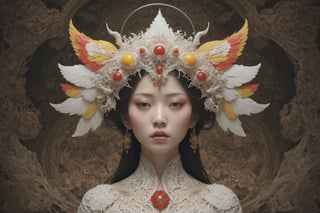 symmetrical portrait of surreal abandoned sculpture of white japanese female Tengu (with a splashing coloration of Alberto Seveso), covered with chinese red yellow paper talisman, dream - like heavy mysterious atmosphere,in an abandoned shrine, baroque landscape,perfect composition,beautiful detailed intricate insanely detailed octane,unreal engine 5,8k artistic photography,photo realistic,soft natural volumetric cinematic perfect light,chiaroscuro,award - winning photography, ((tsutomu nihei, Bastien Lecouffe Deharme,  iris van herpen and wangechi Mutu)), art forms of nature by ernst haeckel,  art nouveau,  symbolist,  Kinetic Art,  visionary,  gothic,  (((ancient japanese mythical being:1.4))),  neo - gothic,  pre - raphaelite,  fractal lace, intricate mythical botanical,  ai biodiversity,  surrealism,  hyper detailed ultra sharp octane render,  (Audrey Kawasaki,  Anna Dittmann:1.4),  known for their captivating and atmospheric pieces. The overall effect of the image is ethereal,  as if the woman is enveloped in glowing stardust,  created expertly by artist W. Zelmer. The image is of exceptional quality,  showcasing the fine details and masterful blending of colors, folklore, 