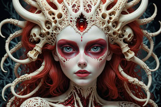 detailed realistic beautiful porcelain skull goddess portrait (blood soaked hair) by jean delville, gustave dore, iris van herpen and marco mazzoni, art forms of nature by ernst haeckel, art nouveau, symbolist, Kinetic Art, visionary, gothic, ((vampire)), neo - gothic, pre - raphaelite, fractal lace, intricate alien botanicals, ai biodiversity, surreality, hyperdetailed ultrasharp octane render, (Audrey Kawasaki, Anna Dittmann), known for their captivating and atmospheric pieces. The overall effect of the image is ethereal, as if the woman is enveloped in glowing stardust, created expertly by artist W. Zelmer. The image is of exceptional quality, showcasing the fine details and masterful blending of colors, ((dripping blood, bones, crackling skin, Skulls)), 