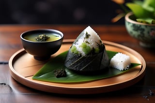 Imagine a chibi kawaii cute onigiri art like (Jean Baptiste Monge) (shimmering rice onigiri with triangular shape and nori seaweed sheet:1.4), its smooth surface, its huge cute eyes perked up in curiosity at it is placed on a crafted wooden tray with sakura leaves and a steaming hot japanese cup of green tea (autumn feel, japanese tea ceremony, cup of steaming hot Sencha green tea:1.4), ((artfully arranged with a colorful range of Wagashi and Wasanbon traditional japanese tea sweets)), (photo HDR 8K) ,painting magic,  (splendid environment of tensor art),  perfect contrast,  (correct sharp photorealistic environment),  (highly detailed background),  detailed,  (masterpiece,  best quality:1.3) chuppy_fat:2,  looking viewer,  (Ultrasharp,  8k,  detailed,  ink art,  stunning,  vray tracing,  style raw,  unreal engine),  High detailed , Color magic,  Saturated colors,