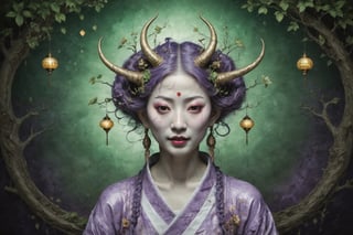 symmetrical portrait of surreal abandoned sculpture of white japanese female stunning sensual Tengu (with a splashing coloration of Alberto Seveso and Basil Gogos), ((Wild crazy long green tea hair with leaves and branches, glowing fireflies)), dream - like heavy mysterious atmosphere,in an abandoned japanese overgrown shrine, perfect composition,beautiful detailed intricate insanely detailed octane,unreal engine 5,8k (artistic photography like Bella Kotak),photo realistic,soft natural volumetric cinematic perfect light,chiaroscuro,award - winning photography, (((tsutomu nihei, Bastien Lecouffe Deharme, iris van herpen and Ayami Kojima))), art forms of nature by ernst haeckel,  art nouveau,  symbolist,  Kinetic Art,  visionary,  gothic,  (((ancient japanese mythical being, smiling Tengu with horns:1.4))),  neo - gothic,  pre - raphaelite, fractal lace, (intricate mythical botanical with orchids and yellow glowing osmanthus),  ai biodiversity,  surrealism,  hyper detailed ultra sharp octane render,  (Audrey Kawasaki,  Anna Dittmann:1.4),  known for their captivating and atmospheric pieces. The overall effect of the image is ethereal,  as if the woman is enveloped in glowing stardust created expertly by artist W. Zelmer. The image is of exceptional quality,  showcasing the fine details and masterful blending of colors, folklore, ,on parchment, Chinese Ghost Story, ((luminescence, iridescent effect:1.3)), (((purple glowing cracked mosiac background:1.4)))