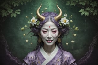 symmetrical portrait of surreal abandoned sculpture of white japanese female stunning sensual Tengu (with a splashing coloration of Alberto Seveso and Basil Gogos), ((Wild crazy long green tea hair with leaves and branches, glowing fireflies)), dream - like heavy mysterious atmosphere,in an abandoned japanese overgrown shrine, perfect composition,beautiful detailed intricate insanely detailed octane,unreal engine 5,8k (artistic photography like Bella Kotak),photo realistic,soft natural volumetric cinematic perfect light,chiaroscuro,award - winning photography, (((tsutomu nihei, Bastien Lecouffe Deharme, iris van herpen and Ayami Kojima))), art forms of nature by ernst haeckel,  art nouveau,  symbolist,  Kinetic Art,  visionary,  gothic,  (((ancient japanese mythical being, smiling Tengu with horns:1.4))),  neo - gothic,  pre - raphaelite, fractal lace, (intricate mythical botanical with orchids and yellow glowing osmanthus),  ai biodiversity,  surrealism,  hyper detailed ultra sharp octane render,  (Audrey Kawasaki,  Anna Dittmann:1.4),  known for their captivating and atmospheric pieces. The overall effect of the image is ethereal,  as if the woman is enveloped in glowing stardust created expertly by artist W. Zelmer. The image is of exceptional quality,  showcasing the fine details and masterful blending of colors, folklore, ,on parchment, Chinese Ghost Story, ((luminescence, iridescent effect:1.3)), (((purple glowing cracked mosiac background:1.4)))