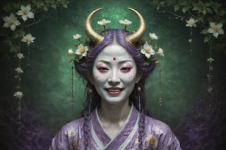 symmetrical portrait of surreal abandoned sculpture of white japanese female stunning sensual Tengu (with a splashing coloration of Alberto Seveso and Basil Gogos), ((Wild crazy long green tea hair with leaves and branches, glowing fireflies)), dream - like heavy mysterious atmosphere,in an abandoned japanese overgrown shrine, perfect composition,beautiful detailed intricate insanely detailed octane,unreal engine 5,8k (artistic photography like Bella Kotak),photo realistic,soft natural volumetric cinematic perfect light,chiaroscuro,award - winning photography, (((tsutomu nihei, Bastien Lecouffe Deharme, iris van herpen and Ayami Kojima))), art forms of nature by ernst haeckel,  art nouveau,  symbolist,  Kinetic Art,  visionary,  gothic,  (((ancient japanese mythical being, smiling Tengu with horns:1.4))),  neo - gothic,  pre - raphaelite, fractal lace, (intricate mythical botanical with orchids and yellow glowing osmanthus),  ai biodiversity,  surrealism,  hyper detailed ultra sharp octane render,  (Audrey Kawasaki,  Anna Dittmann:1.4),  known for their captivating and atmospheric pieces. The overall effect of the image is ethereal,  as if the woman is enveloped in glowing stardust created expertly by artist W. Zelmer. The image is of exceptional quality,  showcasing the fine details and masterful blending of colors, folklore, ,on parchment, Chinese Ghost Story, ((luminescence, iridescent effect:1.3)), (((purple glowing cracked mosiac background:1.4)))