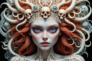 detailed realistic beautiful porcelain skull goddess portrait (blood soaked hair) by jean delville, gustave dore, iris van herpen and marco mazzoni, art forms of nature by ernst haeckel, art nouveau, symbolist, Kinetic Art, visionary, gothic, ((vampire)), neo - gothic, pre - raphaelite, fractal lace, intricate alien botanicals, ai biodiversity, surreality, hyperdetailed ultrasharp octane render, (Audrey Kawasaki, Anna Dittmann), known for their captivating and atmospheric pieces. The overall effect of the image is ethereal, as if the woman is enveloped in glowing stardust, created expertly by artist W. Zelmer. The image is of exceptional quality, showcasing the fine details and masterful blending of colors, ((dripping oil, Skulls)),