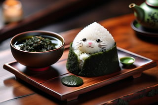 Imagine a chibi kawaii cute onigiri art like (Jean Baptiste Monge) (shimmering rice onigiri with triangular shape and nori seaweed sheet:1.4), its smooth surface, its huge cute eyes perked up in curiosity at it is placed on a crafted wooden tray with sakura leaves and a steaming hot japanese cup of green tea (autumn feel, japanese tea ceremony, cup of steaming hot Sencha green tea:1.4), ((artfully arranged with a colorful range of Wagashi and Wasanbon traditional japanese tea sweets)), (photo HDR 8K) ,painting magic,  (splendid environment of tensor art),  perfect contrast,  (correct sharp photorealistic environment),  (highly detailed background),  detailed,  (masterpiece,  best quality:1.3) chuppy_fat:2,  looking viewer,  (Ultrasharp,  8k,  detailed,  ink art,  stunning,  vray tracing,  style raw,  unreal engine),  High detailed , Color magic,  Saturated colors,