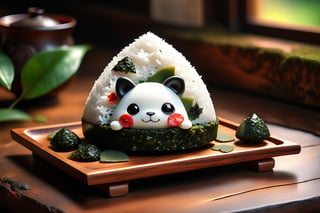 Imagine a chibi kawaii onigiri art like (Jean Baptiste Monge) (shimmering rice onigiri with triangular shape and nori seaweed sheet:1.4), its smooth surface, its huge cute eyes perked up in curiosity at it is placed on crafted wooden tray with sakura leaves and a steaming hot japanese cup of green tea (autumn feel, japanes tea ceremony), (photo HDR 8K) ,painting magic,  (splendid environment of tensor art),  perfect contrast,  (correct sharp photorealistic environment),  (highly detailed background),  detailed,  (masterpiece,  best quality:1.3) chuppy_fat:2,  looking viewer,  (Ultrasharp,  8k,  detailed,  ink art,  stunning,  vray tracing,  style raw,  unreal engine),  High detailed , Color magic,  Saturated colors,