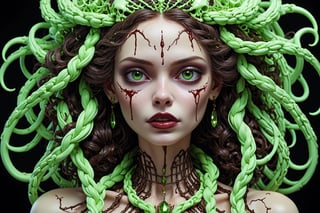 detailed realistic beautiful porcelain skull goddess portrait (neon green radioactive braided hair, dark brown skin) by jean delville, gustave dore, iris van herpen and marco mazzoni, art forms of nature by ernst haeckel, art nouveau, symbolist, Kinetic Art, visionary, gothic, ((ghoul)), neo - gothic, pre - raphaelite, fractal lace, intricate alien botanicals, ai biodiversity, surreality, hyperdetailed ultrasharp octane render, (Audrey Kawasaki, Anna Dittmann), known for their captivating and atmospheric pieces. The overall effect of the image is ethereal, as if the woman is enveloped in glowing stardust, created expertly by artist W. Zelmer. The image is of exceptional quality, showcasing the fine details and masterful blending of colors, ((dripping blood, bones, crackling skin, Skulls)), ectoplasm, more skulls:1.4