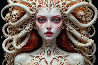 detailed realistic beautiful porcelain skull goddess portrait (blood soaked hair) by jean delville, gustave dore, iris van herpen and marco mazzoni, art forms of nature by ernst haeckel, art nouveau, symbolist, Kinetic Art, visionary, gothic, ((vampire)), neo - gothic, pre - raphaelite, fractal lace, intricate alien botanicals, ai biodiversity, surreality, hyperdetailed ultrasharp octane render, (Audrey Kawasaki, Anna Dittmann), known for their captivating and atmospheric pieces. The overall effect of the image is ethereal, as if the woman is enveloped in glowing stardust, created expertly by artist W. Zelmer. The image is of exceptional quality, showcasing the fine details and masterful blending of colors, ((dripping blood, bones, crackling skin, Skulls)), 