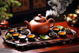 Imagine a traditional chinese tea ceremony with a yellow yixing teapot, small cups, cha hai art like (Jean Baptiste Monge) (shimmering steaming tea ceremony, wooden trays, old rustic dark wooden table:1.4), its smooth surface placed on a stone table covered in snow with pine cones, mistletoe, Fir branches, Pine branchescute snail teapet, (winter feel, teapets, chinese tea ceremony, clay yixing teapot, chinese clay cups of steaming hot pu-erh tea:1.4), ((artfully arranged with a colorful range of traditional chinese sweets)), ((Chinese moon cake and Pu-erh cakes in the Background:1.4)), (photo HDR 8K) ,painting magic,  (splendid environment of tensor art),  perfect contrast,  (correct sharp photorealistic environment),  (highly detailed background),  detailed,  (masterpiece,  best quality:1.3) chuppy_fat:2,  looking viewer,  (Ultrasharp,  8k,  detailed,  ink art,  stunning,  vray tracing,  style raw,  unreal engine),  High detailed , Color magic,  Saturated colors,