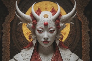 symmetrical portrait of surreal abandoned sculpture of white japanese female Tengu (with a splashing coloration of Alberto Seveso and Basil Gogos), covered with chinese red yellow paper talisman, dream - like heavy mysterious atmosphere,in an abandoned shrine, baroque landscape,perfect composition,beautiful detailed intricate insanely detailed octane,unreal engine 5,8k artistic photography,photo realistic,soft natural volumetric cinematic perfect light,chiaroscuro,award - winning photography, ((tsutomu nihei, Bastien Lecouffe Deharme,  iris van herpen and wangechi Mutu)), art forms of nature by ernst haeckel,  art nouveau,  symbolist,  Kinetic Art,  visionary,  gothic,  (((ancient japanese mythical being, Tengu with horns and shapr demon teeth:1.4))),  neo - gothic,  pre - raphaelite,  fractal lace, intricate mythical botanical,  ai biodiversity,  surrealism,  hyper detailed ultra sharp octane render,  (Audrey Kawasaki,  Anna Dittmann:1.4),  known for their captivating and atmospheric pieces. The overall effect of the image is ethereal,  as if the woman is enveloped in glowing stardust,  created expertly by artist W. Zelmer. The image is of exceptional quality,  showcasing the fine details and masterful blending of colors, folklore, 