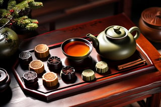 Imagine a traditional chinese tea ceremony with a yellow yixing teapot, small cups, cha hai art like (Jean Baptiste Monge) (shimmering steaming tea ceremony, wooden trays, old rustic dark wooden table:1.4), its smooth surface placed on a stone table covered in snow with pine cones, mistletoe, cute snail teapet,(winter feel, chinese tea ceremony, clay yixing teapot, chinese clay cups of steaming hot pu-erh tea:1.4), ((artfully arranged with a colorful range of traditional chinese sweets)), ((Chinese moon cake and Pu-erh cakes in the Background:1.4)), (photo HDR 8K) ,painting magic,  (splendid environment of tensor art),  perfect contrast,  (correct sharp photorealistic environment),  (highly detailed background),  detailed,  (masterpiece,  best quality:1.3) chuppy_fat:2,  looking viewer,  (Ultrasharp,  8k,  detailed,  ink art,  stunning,  vray tracing,  style raw,  unreal engine),  High detailed , Color magic,  Saturated colors,