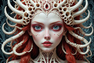 detailed realistic beautiful porcelain skull goddess portrait (blood soaked hair) by jean delville, gustave dore, iris van herpen and marco mazzoni, art forms of nature by ernst haeckel, art nouveau, symbolist, Kinetic Art, visionary, gothic, ((vampire)), neo - gothic, pre - raphaelite, fractal lace, intricate alien botanicals, ai biodiversity, surreality, hyperdetailed ultrasharp octane render, (Audrey Kawasaki, Anna Dittmann), known for their captivating and atmospheric pieces. The overall effect of the image is ethereal, as if the woman is enveloped in glowing stardust, created expertly by artist W. Zelmer. The image is of exceptional quality, showcasing the fine details and masterful blending of colors, ((dripping blood, bones, crackling skin, Skulls)), 