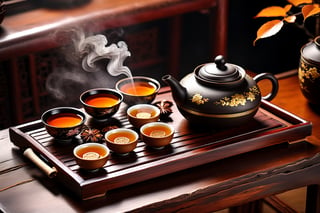 Imagine a traditional chinese tea ceremony with a yellow yixing teapot, small cups, cha hai art like (Jean Baptiste Monge) (shimmering steaming tea ceremony, wooden trays, old rustic dark wooden table:1.4), its smooth surface placed on a crafted wooden tray with osmanthus leaves, dried fruits and nuts, cute snail teapet,(autumn feel, chinese tea ceremony, clay yixing teapot, chinese porcelain cups of steaming hot pu-erh tea:1.4), ((artfully arranged with a colorful range of traditional chinese sweets)), ((Chinese moon cake and Pu-erh cakes in the Background:1.3)), (photo HDR 8K) ,painting magic,  (splendid environment of tensor art),  perfect contrast,  (correct sharp photorealistic environment),  (highly detailed background),  detailed,  (masterpiece,  best quality:1.3) chuppy_fat:2,  looking viewer,  (Ultrasharp,  8k,  detailed,  ink art,  stunning,  vray tracing,  style raw,  unreal engine),  High detailed , Color magic,  Saturated colors,