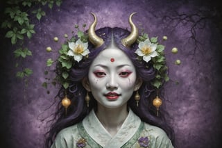 symmetrical portrait of surreal abandoned sculpture of white japanese female stunning sensual Tengu (with a splashing coloration of Alberto Seveso and Basil Gogos), ((Wild crazy long green tea hair with leaves and branches, glowing fireflies)), dream - like heavy mysterious atmosphere,in an abandoned japanese overgrown shrine, perfect composition,beautiful detailed intricate insanely detailed octane,unreal engine 5,8k (artistic photography like Bella Kotak),photo realistic,soft natural volumetric cinematic perfect light,chiaroscuro,award - winning photography, (((tsutomu nihei, Bastien Lecouffe Deharme, iris van herpen and Ayami Kojima))), art forms of nature by ernst haeckel,  art nouveau,  symbolist,  Kinetic Art,  visionary,  gothic,  (((ancient japanese mythical being, smiling Tengu with horns:1.4))),  neo - gothic,  pre - raphaelite, fractal lace, (intricate mythical botanical with orchids and yellow glowing osmanthus),  ai biodiversity,  surrealism,  hyper detailed ultra sharp octane render,  (Audrey Kawasaki,  Anna Dittmann:1.4),  known for their captivating and atmospheric pieces. The overall effect of the image is ethereal,  as if the woman is enveloped in glowing stardust created expertly by artist W. Zelmer. The image is of exceptional quality,  showcasing the fine details and masterful blending of colors, folklore, ,on parchment, Chinese Ghost Story, ((luminescence, iridescent effect:1.3)), (((purple glowing cracked mosiac background:1.4)))