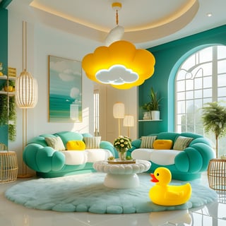 A luxurious libing room with a dominant teal green and white color scheme. A unique sofa , designed to resemble a cloud, is the centerpiece, with its white cloud-like design and tean green base. Adjacent to the sofa is a large window, allowing natural light to flood in. Above the tub hangs a woven pendant light. The walls are adorned with white tiles, and there's a shelf displaying various books. A yellow rubber duck, reminiscent of childhood play, sits on the floor near the sofa. The room also features a fluffy white rug, a tall cage-like stool, and a few potted plants, adding a touch of nature to the space.