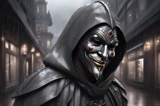 generate a medieval jester walks alone in a modern city, iron smiling mask, head down , sad, in a modern city,raining, grey theme,LegendDarkFantasy,realistic