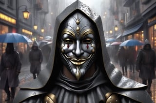 generate a medieval jester stands on the crowded street , wearing an iron smiling mask, sad theme, in a modern city,raining, grey theme,LegendDarkFantasy,realistic