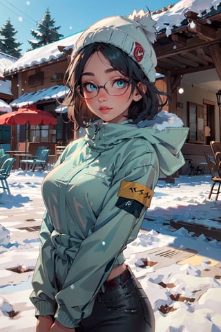 (masterpiece, best quality, hires, high resolution: 1.2), extremely detailed, 18yo,  realistic, 1 girl, French black hair, short hair, slight smile, blushing, mint eyes, sunlight , parc, light body, black hair, waist, huge breasts, glasses, winter, falling_snow, down jacket, pom-pom hat