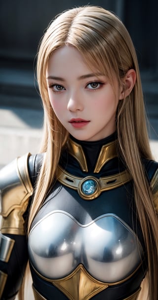 cowboy shot, photorealistic, masterpiece, official art, raw photo, best quality, 1girl, character focus, 17 years old, ginger hair, long hair, two buns, mecha, mechanical girl, silver bronze armor, silver bronze armor boots, greek goddess Hecate, mechanical suit, beautiful eyes, heterochromia, (delicate face), perfect detail, perfect feet, cinematic lighting, dark studio, ,1 girl