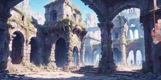  nodf_lora, castle hall, 
city ​​street,（square：1.3）,stairs, ruins, pillar, scenery, Castle ruins in the background,cinematic lighting ,FFIXBG,Rococo style,no_humans,breakdomain,beautyniji,ff8bg,YAMATO